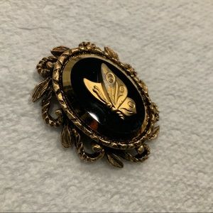 Vintage 1970s Butterfly Pendant Gold Black Boho